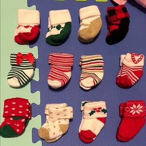 Festive Holiday Baby Socks Set (12 socks)- Red, Green, Gold, Black, White